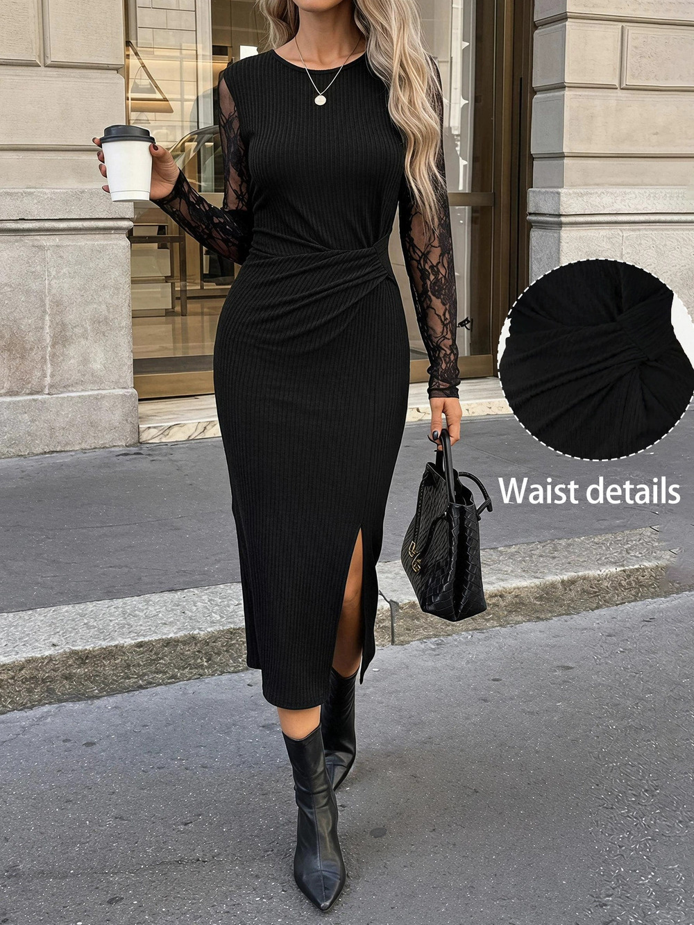 ZARA Sexy Lace Patchwork Bodycon Midi Dress Long Sleeve Round Neck Slit